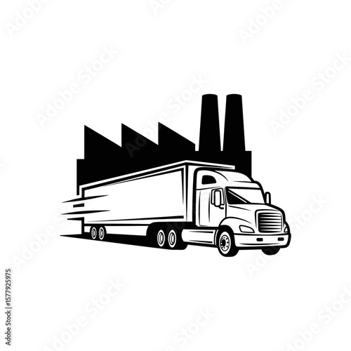 Industrial Truck Transporting Goods Against Factory Background  