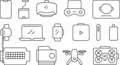 Modern Technology Line Icons: Smartphone, VR Headset, Drone, Smartwatch, Laptop