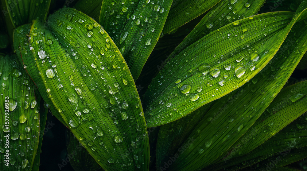 Obraz premium Green leaves with water droplets.