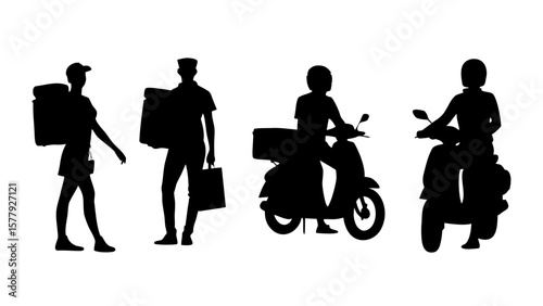 Delivery Personnel Silhouettes, Package Carriers, Scooter Drivers PNG Transparent Background
