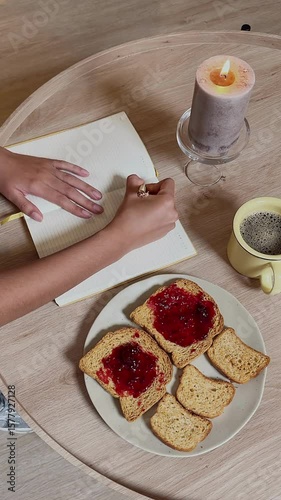 Wallpaper Mural Overhead Shot of a Person Writing in a Journal at the Breakfast Table – 4K Ultra HD Morning Routine, Mindfulness, and Creative Lifestyle Concept Torontodigital.ca