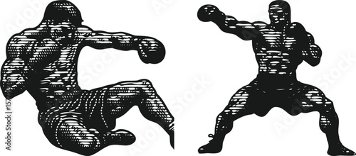  Monochrome lined effect engraving bundle featuring a muscular man boxer in fight pose, intense combat illustration, detailed vintage style, sports athlete, powerful boxing action, dynamic vector art