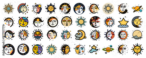 Celestial collection featuring sun and moon faces, stars and planets, ideal for mystic-themed graphic designs and astrological content creation.