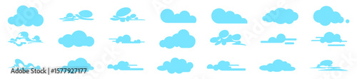 A collection of cloud graphics displaying various shapes in light blue hues, perfect for weather concepts and design projects needing sky elements.