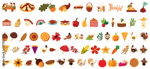 Charming Thanksgiving day clip art showcases festive elements such as turkey, cornucopia, pies, and seasonal decorations for joyful designs.
