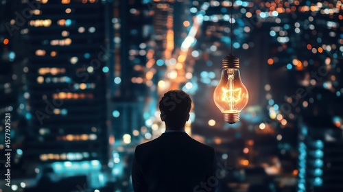 Wallpaper Mural A man in silhouette gazes at a glowing lightbulb against a bokeh city skyline Torontodigital.ca
