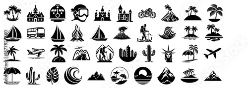 Collection of stylized travel and vacation icons depicting landscapes, landmarks, modes of transport, and nature, perfect for branding and designs.