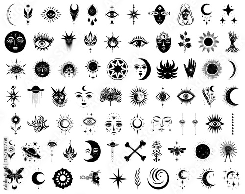 Artistic celestial and spiritual signs create a mystical design for backgrounds, tattoo art, or magical themed projects, and are easily scalable.