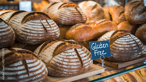 Gluten-free bread loaves displayed in a bakery and on a kitchen board, ideal for celiac diet, health, or wheat intolerance.