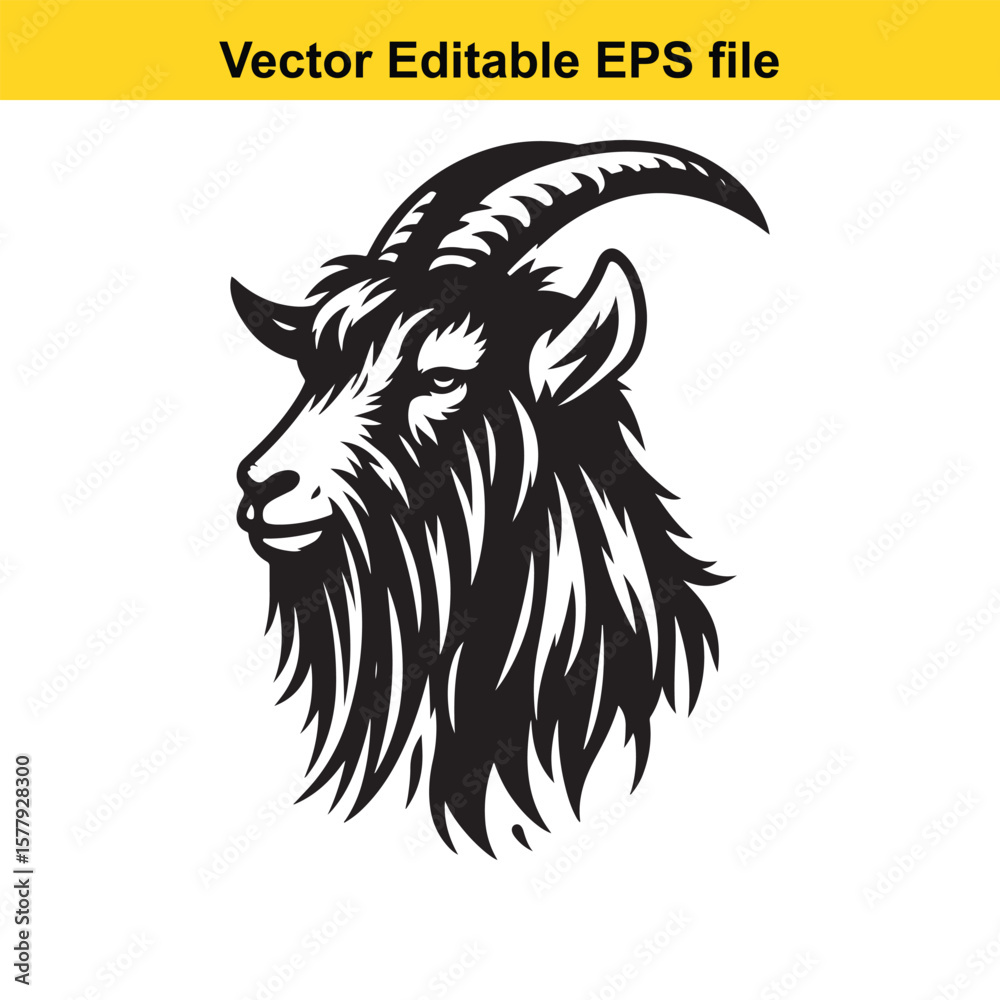 Fototapeta premium Black and white illustration of a goats head with long horns and beard, isolated on white background