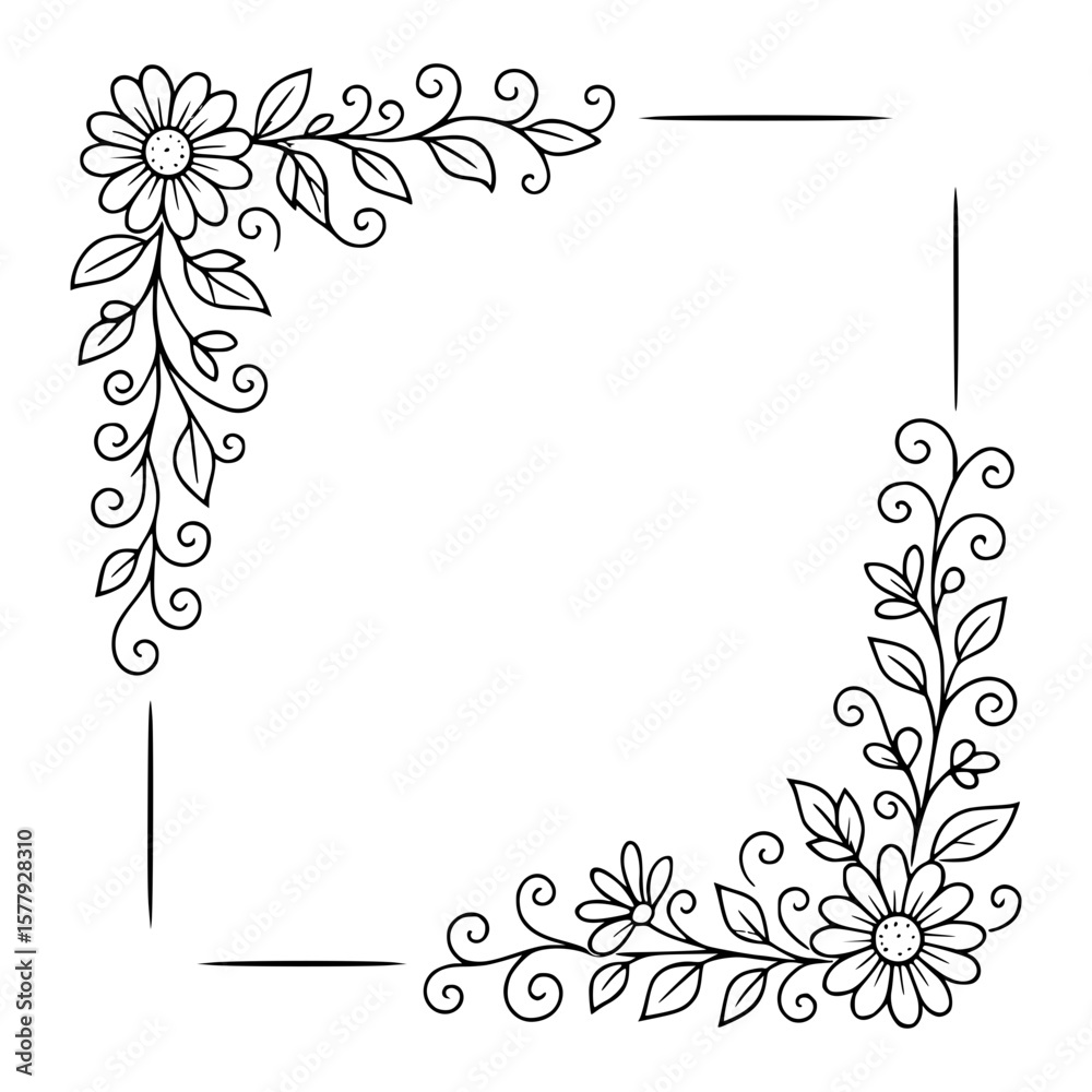Obraz premium Elegant Floral Corner Frame Line Art with Leaves and Flowers Isolated