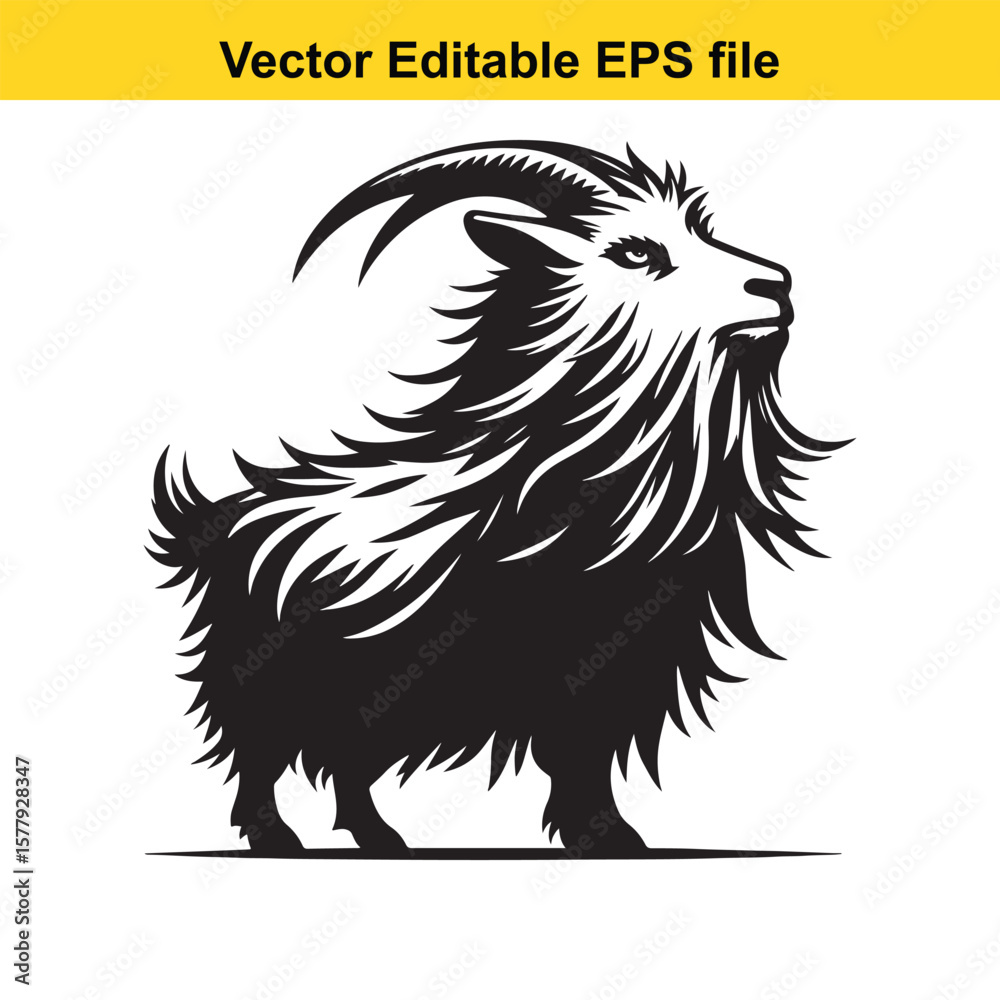 Fototapeta premium Black and white illustration of a goats head with long horns and beard, isolated on white background