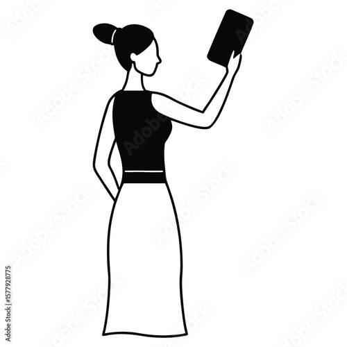 a minimalist line drawing of a woman. She is depicted from the back and side profile, facing slightly upward.