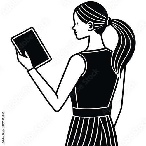 a minimalist line drawing of a woman. She is depicted from the back and side profile, facing slightly upward.