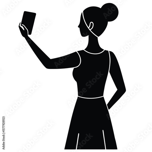 a minimalist line drawing of a woman. She is depicted from the back and side profile, facing slightly upward.