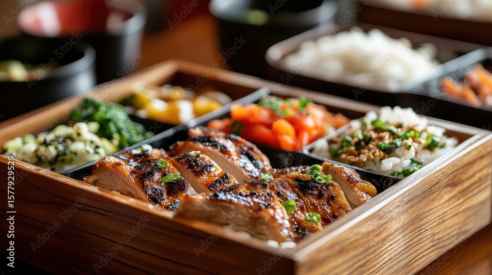 Obraz premium Delicious Japanese Chicken Bento Box with Fresh Ingredients and Rice