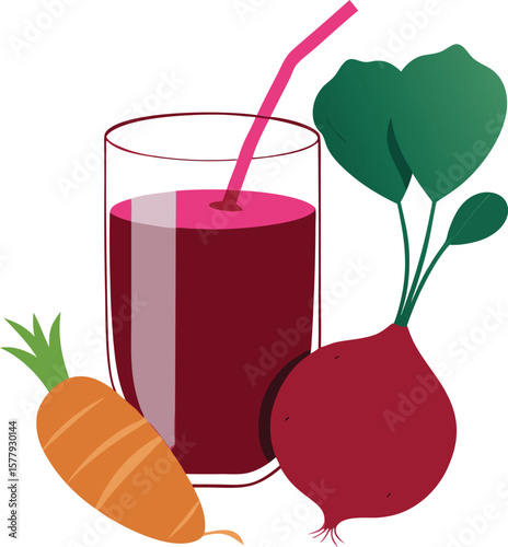 Cold Pressed Juice Variations Refreshing Beet and Carrot Juice in Glass with Straw, Healthy Drink Concept Illustration