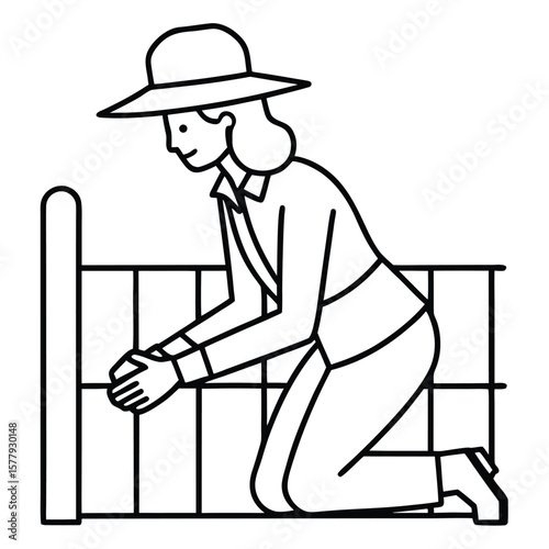 a single-line drawing of a woman wearing a hat and work clothes. She is kneeling and appears to be working on a metal fence or railing