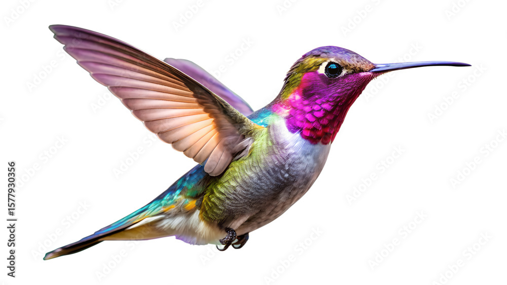 Fototapeta premium A vibrant hummingbird with iridescent feathers hovers in midflight, its wings blurred with motion, isolated on a transparent background