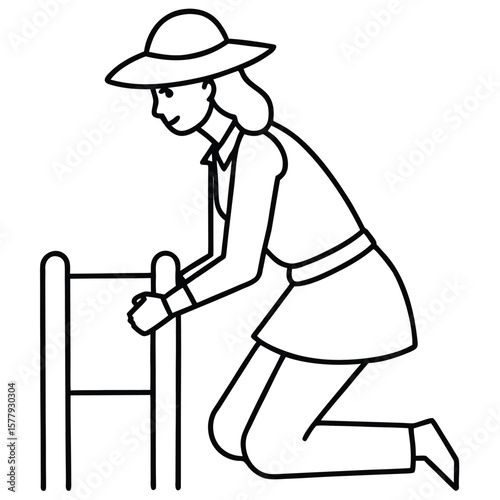a single-line drawing of a woman wearing a hat and work clothes. She is kneeling and appears to be working on a metal fence or railing