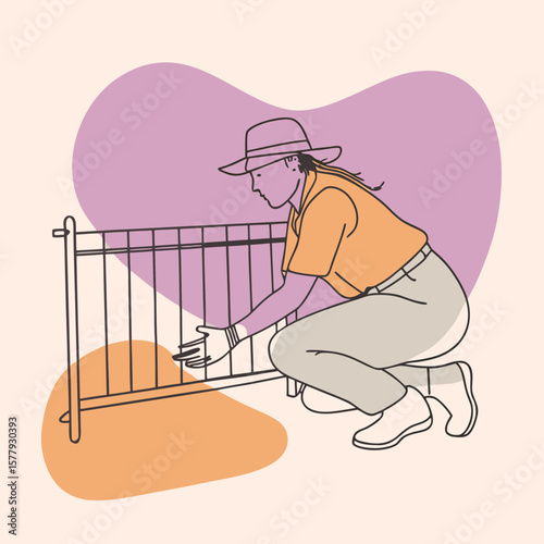 a single-line drawing of a woman wearing a hat and work clothes. She is kneeling and appears to be working on a metal fence or railing
