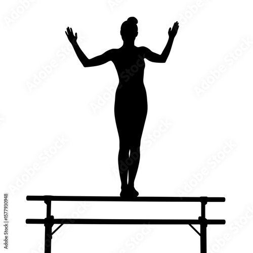 Silhouette of a gymnast balancing on a beam with arms raised  