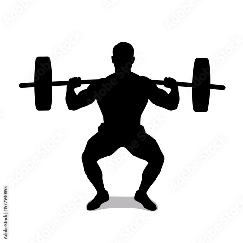 Male silhouette lifting barbell in squat position for fitness concept  