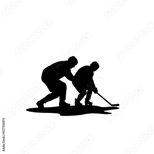 Silhouette of two people playing hockey on ice together  