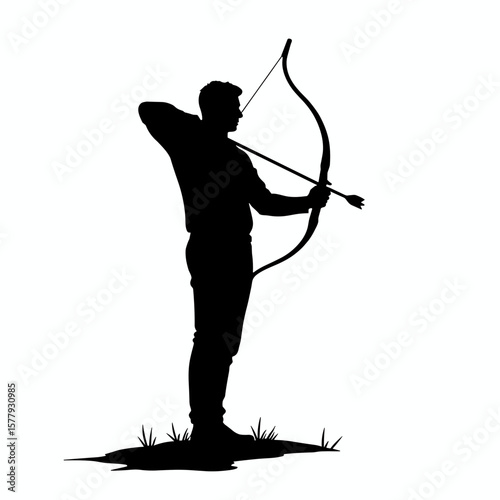 Silhouette of a man aiming with a bow and arrow in outdoor setting  