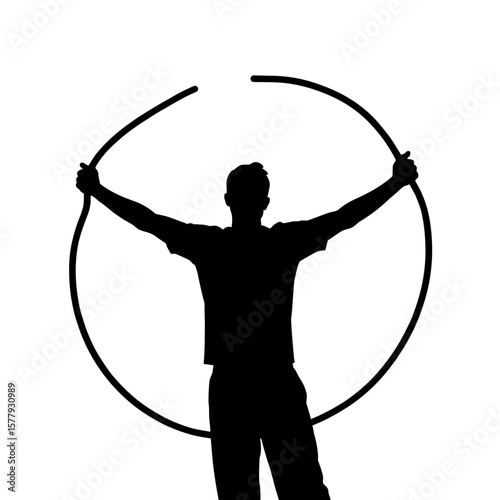 Man holding two curved objects in silhouette against white background  