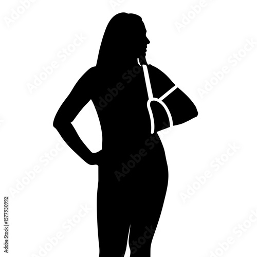 Woman silhouette standing confidently with arm in sling  