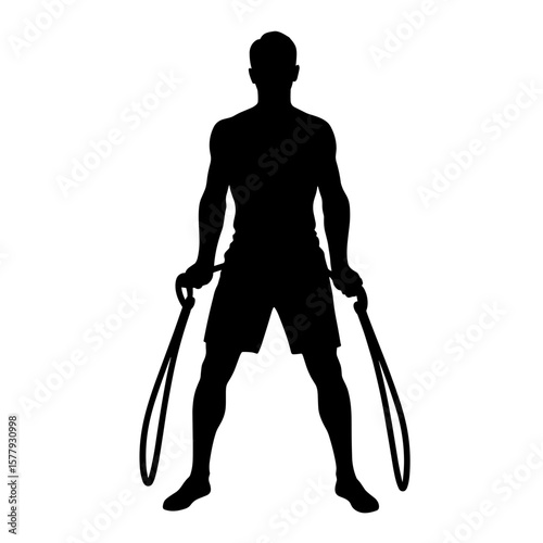 Silhouette of a man holding ropes and preparing for workout  