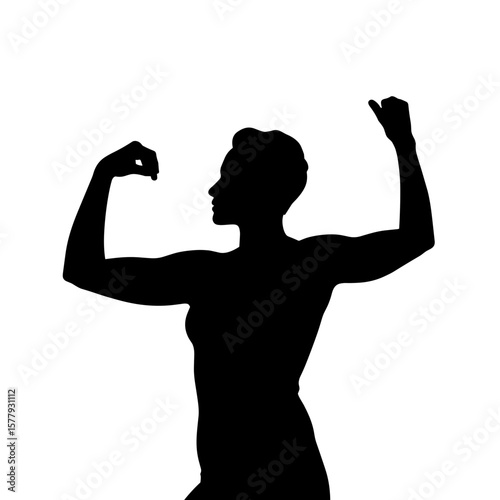 Strong silhouette of a person flexing muscles on white background  