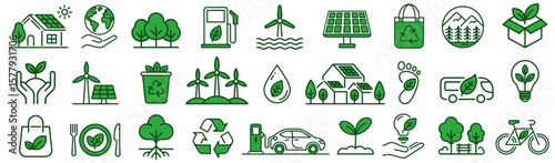 Green eco-friendly icons, renewable energy, recycling, nature, electric cars, and sustainable living concepts