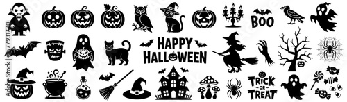 Halloween silhouette icons. Vector design elements, including pumpkins, witches, ghosts, bats, spiders, haunted houses, and spooky elements for seasonal designs