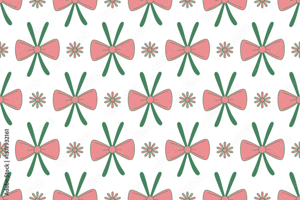 Fototapeta premium Repeating pattern of pink bows with green ribbons and small flowers on a white background design art