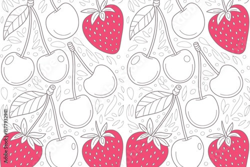 A repeating pattern of cherries and strawberries with leaf accents on a white background design style