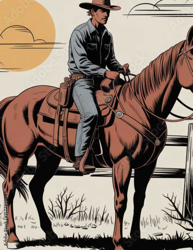 Vintage Western Cowboy on Horseback – Classic Rodeo Sketch with Lasso and Hat in Rustic Style	