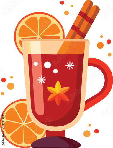 Cold Pressed Juice Variations Delicious Warm Mulled Wine with Orange Slices and Cinnamon Sticks, Festive Winter Drink Illustration