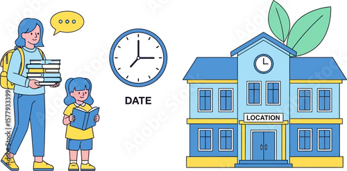 Back to school vector illustration with mother child and school building