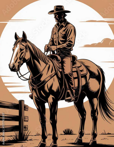 Vintage Western Cowboy on Horseback – Classic Rodeo Sketch with Lasso and Hat in Rustic Style	