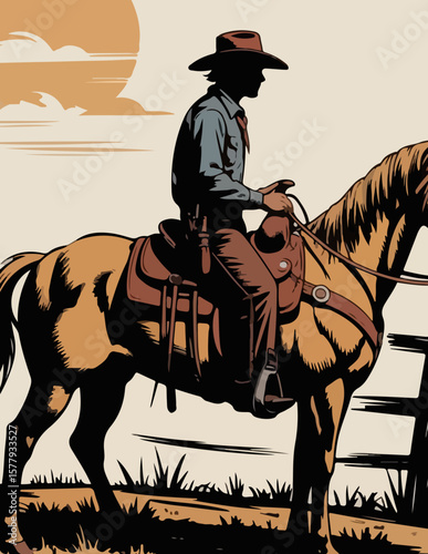 Vintage Western Cowboy on Horseback – Classic Rodeo Sketch with Lasso and Hat in Rustic Style	