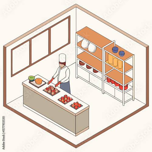 Chef prepping food in kitchen, perfect for culinary promotions or food services.