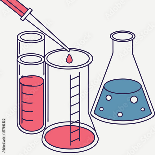 Close-up of lab glassware and liquids for chemistry, science, and discovery themes