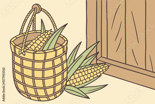 Corn maize hanging in woven bag on wooden wall, rustic decor and harvest charm.