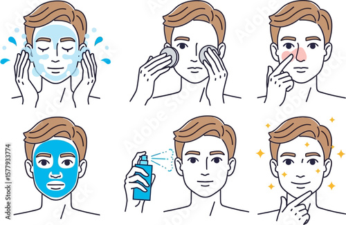 Man skincare routine steps for healthy skin face wash mask toner moisturizer