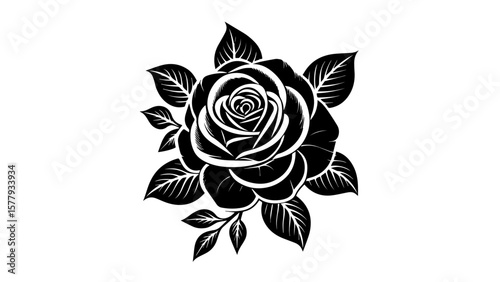 Stylized black ink rose illustration in full bloom with symmetrical leaves, ideal for tattoo design, graphic art, or floral pattern concepts.