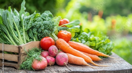 Fresh Organic Vegetables on Rustic Wooden Table in Garden Setting