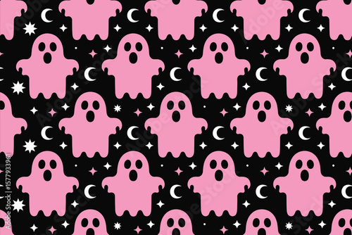 Seamless pattern featuring pink ghosts, stars, and moons on a black background for halloween decor