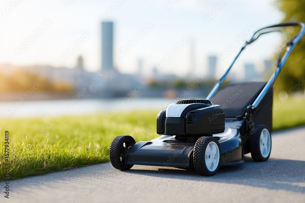 Fototapeta premium open mower deck seen from underneath resting on concrete
